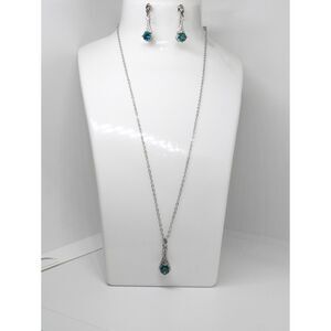 ​925 Sterling Silver Green Emerald CZ Round Pendant Necklace & Drop Earrings Set